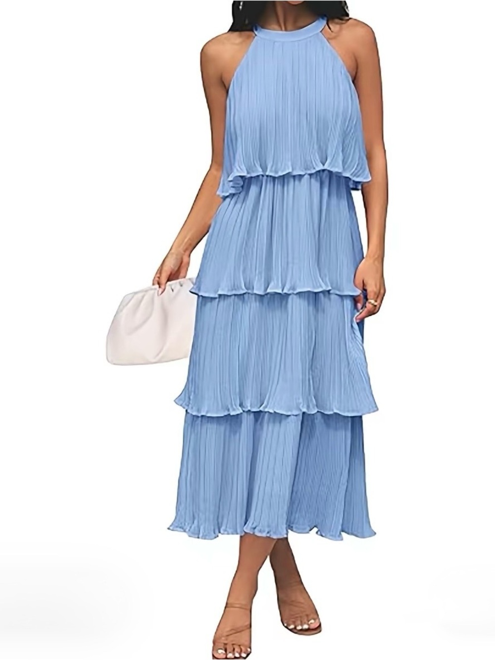 Light Blue Tiered Halter Maxi Dress